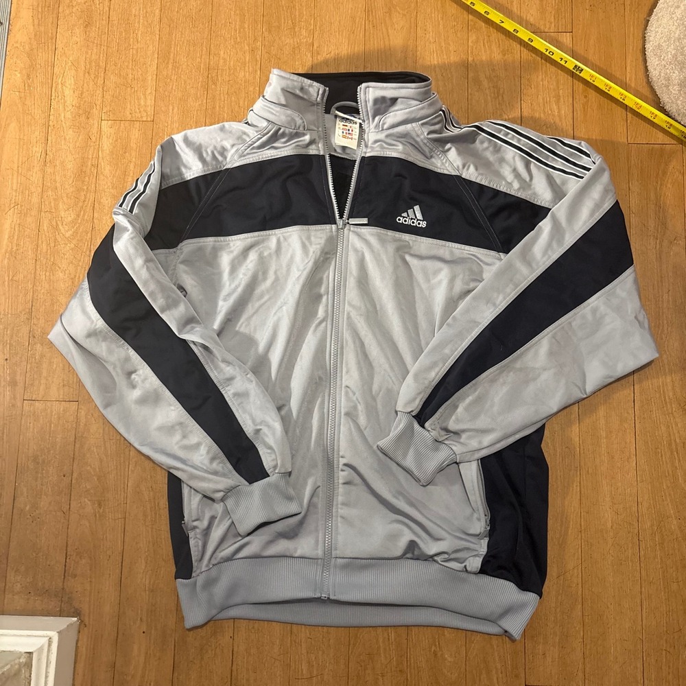 Adidas Track Jacket Mens XL Grey Navy Blue Full Zip Striped Mock Neck Athletic